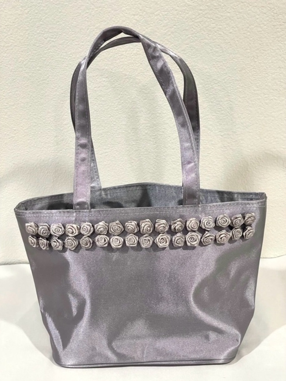 EUC Jessica McClintock Purplish Silver Tote with Rose Details